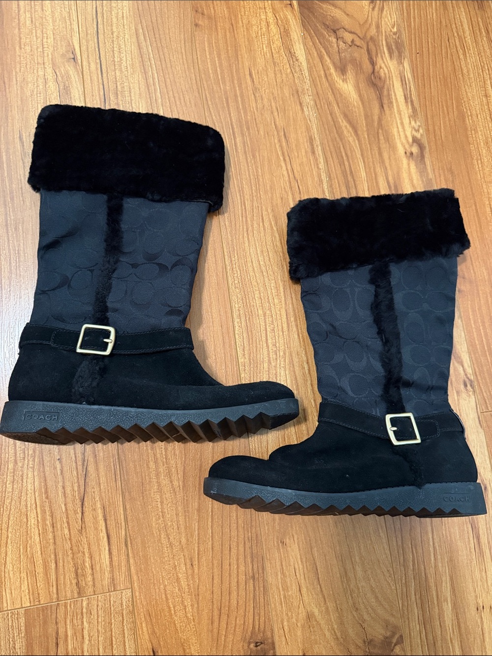 Coach Black Mid-Calf Suede & Signature Canvas Fur-Trim Boots